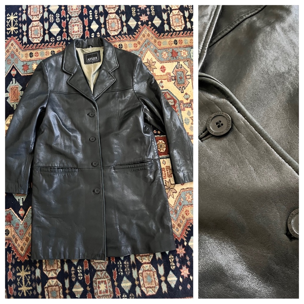 Adler genuine leather lambskin black coat supple lined luxurious trench jacket L